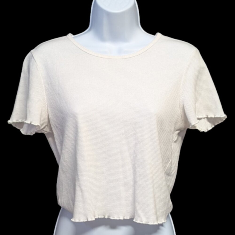 American Eagle Tee Crop Top T Shirt White Waffle Knit Women's Size Large